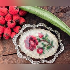 Vintage Rose Pendant Brooch Necklace Petit Point Needlepoint Red SilverTone